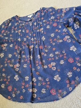Style & Co. Navy Floral Pintuck Blouse Womens Size 1X XXL